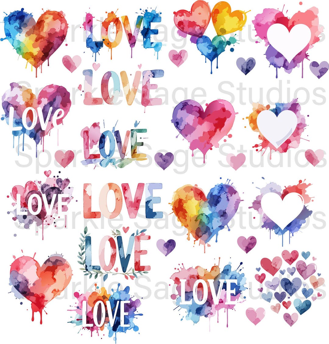 Watercolor Heart Clipart Mega Bundle | LOVE Watercolor SVG PNG Set ...