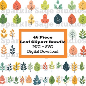 May include: A digital download graphic featuring 46 leaf clip art designs in various colors, including orange, green, and blue. The text reads "46 Piece Leaf Clipart Bundle PNG + SVG Digital Download."