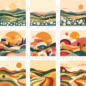 May include: A collection of nine square art prints featuring stylized landscape scenes. Each print showcases rolling hills, flowers, and a sun or sunset in a warm color palette of oranges, greens, and browns. The text "Sparkle Sage Studios" is visible.
