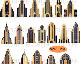 Art Deco Building Clipart Bundle | Vintage Skyscraper SVG PNG Set | 1920s City Architecture Graphics for Cricut