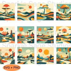 May include: A set of twelve retro landscape illustrations in a vibrant colour palette. Each design features stylised mountains, rivers, and UFOs, with a mid-century modern aesthetic. The colour scheme includes orange, blue, and green hues. The bottom left corner has the text "SVG + PNG".