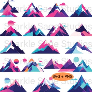 Peut inclure: Une collection d'illustrations de montagnes colorées dans divers modèles. Chaque montagne présente une combinaison unique de teintes roses, violettes, bleues et oranges. Certains modèles incluent des nuages et des soleils. L'image comprend le texte "SVG + PNG".