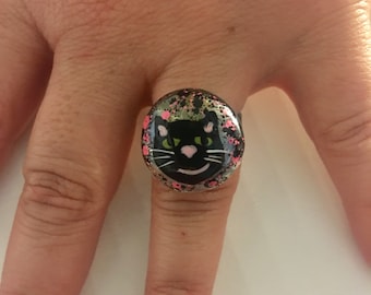 Hand Painted Cat Face Adjustable Ring