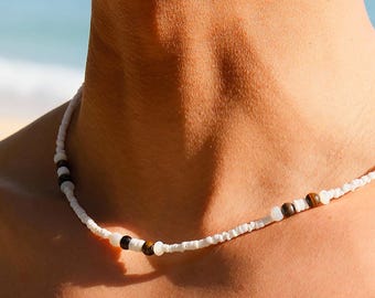 Natural Shell & Tiger’s Eye Beaded Necklace – Boho Beach Jewelry, Surfer Summer Necklace