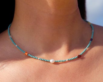 Turquoise & Pearl Beaded Necklace – Something Blue Beach Jewelry, Dainty Summer Necklace