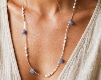 Aventurine & Pearl Long Necklace – Coastal Beach Jewelry, Dainty Summer Necklace