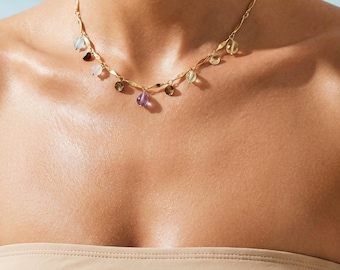 Citrine, Rose Quartz & Aquamarine Gold-Plated Necklace – Dainty Summer Beach Jewelry