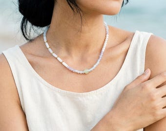 Monet-Inspired Pearl Beaded Necklace – Soft Pastel Coastal Jewelry, Dainty Summer Necklace