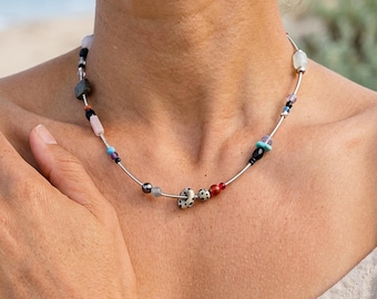 Ocean Mosaic Beaded Necklace – Whimsical Coastal Jewelry, Colorful Beach Necklace