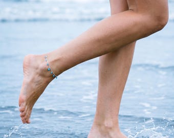 Blue Zircon Sterling Silver Anklet – Dainty Summer Coastal Jewelry