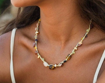 Handwoven Natural Gemstone Necklace – Colorful Beaded Coastal Jewelry, Boho Vacation Necklace