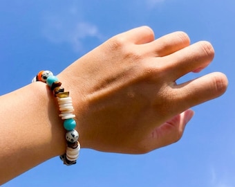 Shell, Turquoise, Tiger’s Eye & Jasper Bracelet – Boho Beach Jewelry, Surfer Bracelet