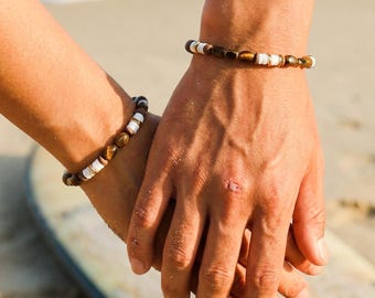 Tiger's Eye & Shell Beaded Bracelet – Matching Couple Bracelet, Surfer Beach Jewelry