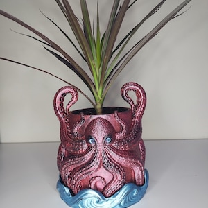 Red Kraken Planter with Wave Drip Tray – 3D Printed Succulent Pot – Ocean Coastal Decor