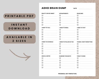 ADHD Brain Dump Printable, Work & Home Task Dump Worksheet, ADHD To-Do List, Instant Download PDF, U.S. Letter and A4.