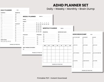 ADHD Planner Printable Set, Daily Weekly Monthly Planner, Brain Dump, Habit Tracker, Instant Download PDF, A4 & Letter