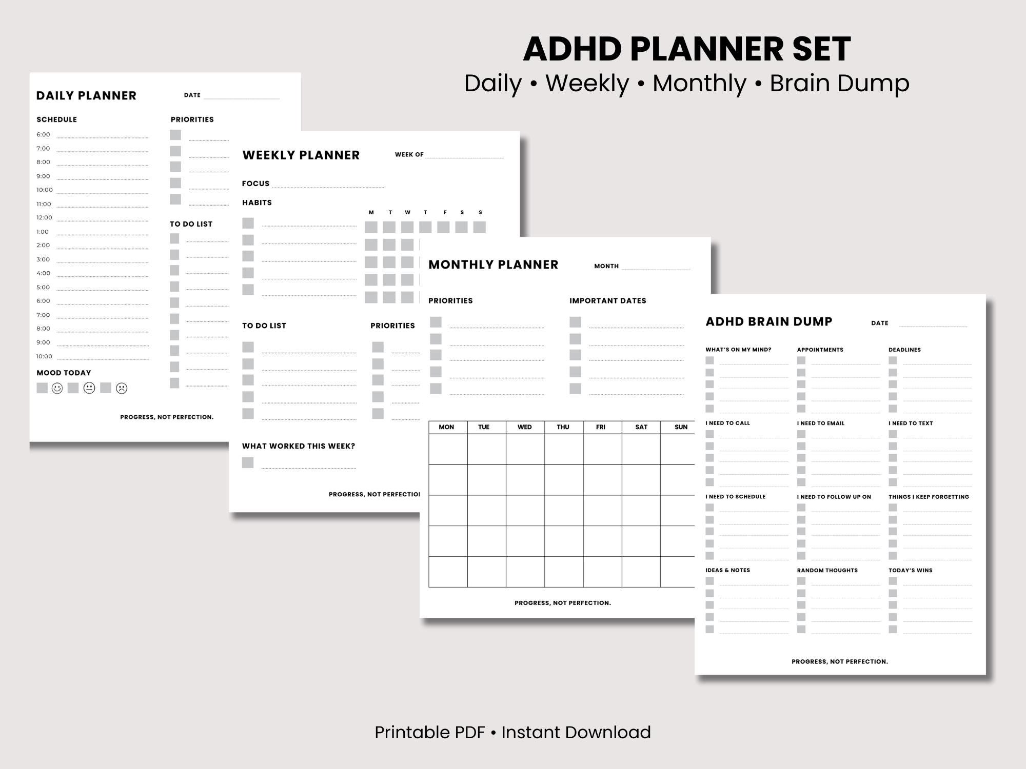 ADHD Planner Printable Set, Daily Weekly Monthly Planner, Brain Dump ...