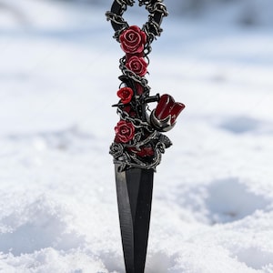 Könnte beinhalten: Ein schwarzer Dolch mit einem dekorativen Griff mit roten Rosen und silberfarbenen Kettenakzenten. Der Dolch ist vor einem schneebedeckten Hintergrund platziert. Der Text "HearthstoneCraftUS" befindet sich unten.