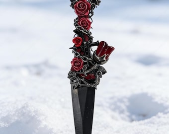 Dague noire gothique personnalisée avec fleur, collection Fantasy Athamé, cadeau fait main pour petit ami, petite amie