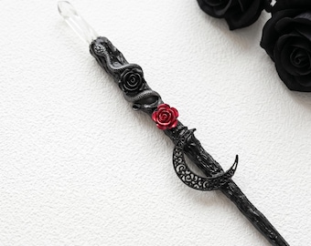 Handmade Gothic  Magic Wand, Dark Fantasy Ritual Tool with Rose Decor, Cosplay Prop
