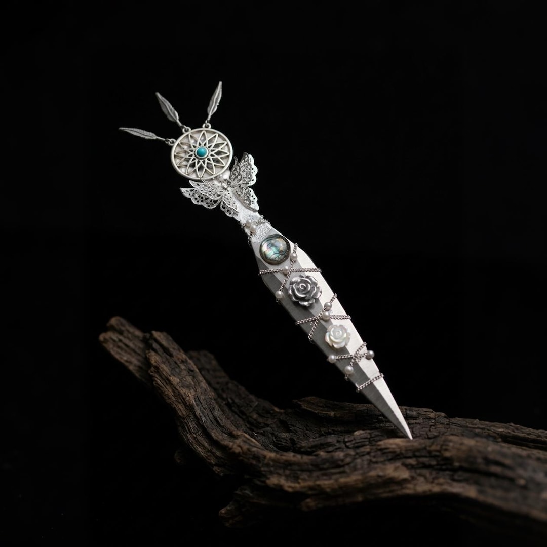 Whimsy Dagger Handmade Ornate Dagger With Rose and Dreamcatcher Charm, Silver ...
