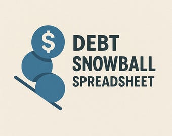 May include: A graphic with the text "DEBT SNOWBALL SPREADSHEET". The design includes three blue circles, one with a dollar sign, and a downward-sloping line, all on a cream-colored background.