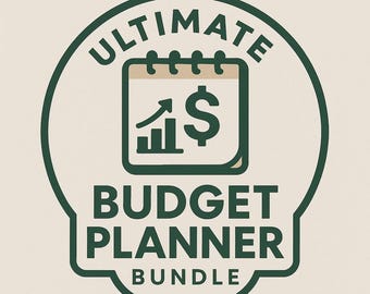 Könnte beinhalten: Dunkelgrünes Logo mit dem Text "ULTIMATE BUDGET PLANNER BUNDLE" in einem Kreis. Es zeigt ein Kalendersymbol mit Dollarzeichen und einem ansteigenden Diagramm, alles in Dunkelgrün.