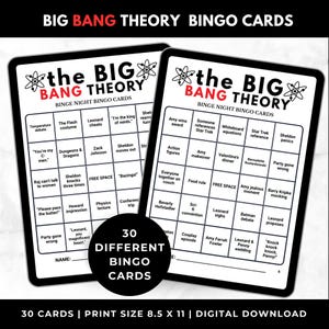 May include: Two black bingo cards with a white grid, featuring phrases from the TV show "The Big Bang Theory." The cards have a black border and the show's logo at the top. A circular graphic states "30 Different Bingo Cards."