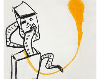 May include: A black and white line drawing of a robot with a yellow line coming out of its body and forming a circle. The robot is in a box and has a surprised expression on its face. The circle is filled with a yellow color.