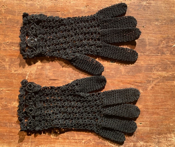Vintage Hand Crocheted Black Gloves - image 1