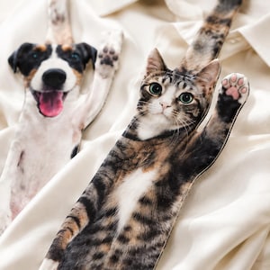以下が含まれることがあります： 茶色と黒のトラ猫と、黒、白、茶色の犬のリアルな写真プリントが施された長い靴下。どちらの動物も前足を上げた状態で描かれており、詳細な毛の質感や特徴が表現されています。