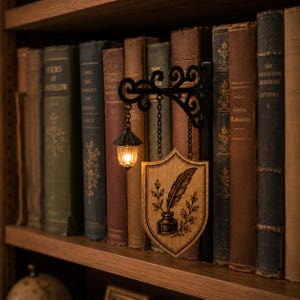 May include: A black metal wall-mounted bracket with a miniature hanging lantern and a wooden shield-shaped plaque. The plaque features a wood-burned illustration of a quill pen in an inkwell surrounded by leafy branches, suspended by chains.