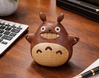 Handmade Wooden Totoro Sculpture Ornament, Hand Carved Wood Figurine, Cute Forest Spirit Desk Decor, Minimalist Home Decoration, Unique Gift