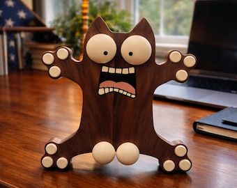 Handmade Wooden Funny Cat Phone Stand, Cute Cat Desk Phone Holder, Carved Wood Animal Stand, Cat Lover Gift Desk Decor