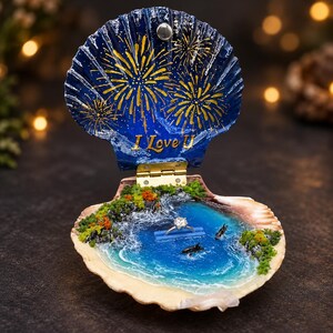 Verlobungsringkästchen aus Muscheln, Feuerwerks- oder Meerjungfrauenmotiv, Miniatur-Ringhalter im Ozean-Stil, Erinnerungsstück für Heiratsantrag und Hochzeit am Strand