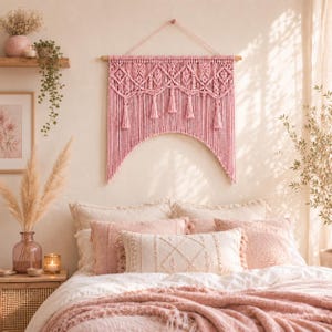 May include: A pink macrame wall hanging featuring intricate knotted patterns, a series of decorative tassels along the bottom edge, and a wooden dowel support. The textile art is suspended by a matching pink cord against a neutral wall.