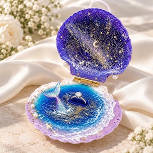 Seashell Engagement Ring Box, Fireworks or Mermaid Design, Miniature Ocean Ring Holder, Beach Proposal & Wedding Keepsake