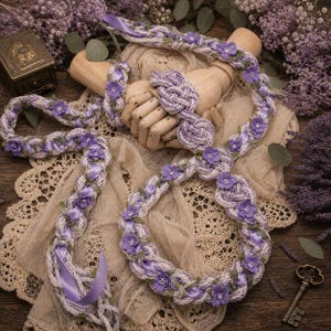 May include: A braided rope belt or accessory featuring a light purple and white woven cord, decorated with small purple fabric flowers, green leaves, and satin ribbon accents. The design includes intricate knot work and a long, flexible structure.
