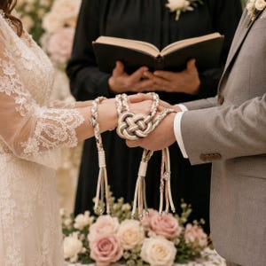 Puede incluir: Un cordón de handfasting con hebras trenzadas en tonos suaves de verde salvia, rosa empolvado, crema y beige. El cordón está atado en un nudo decorativo central con extremos sueltos rematados con ataduras blancas y pequeñas cuentas de metal plateado.