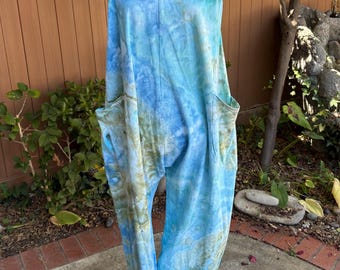 Ocean Mist Ice Dyed Cotton Jumpsuit – XL – Blue Boho Romper with Pockets