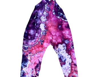 Celestial Amethyst Ice Dyed Cotton Harem Jumpsuit – One of a Kind Boho Romper with Pockets – Hand Dyed Festival Overalls – Size Small