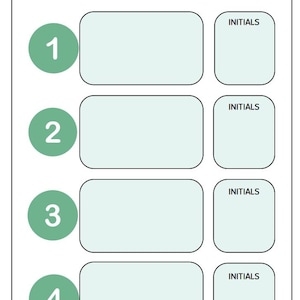 以下が含まれることがあります： 白地に薄緑色の縁取りのTo Doリスト。リストの上部には緑色で「TO DO」と書かれています。リストには、タスク用の対応する長方形のボックスと「INITIALS」ボックスが付いた、緑色の4つの番号付きサークルがあります。
