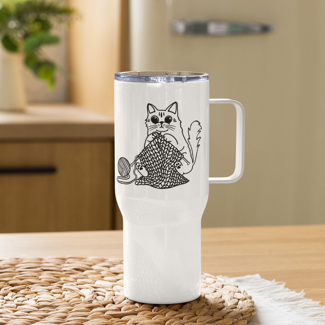 Knitting Cat Travel Mug With Handle Knitting Cat Graphic Mug Etsy