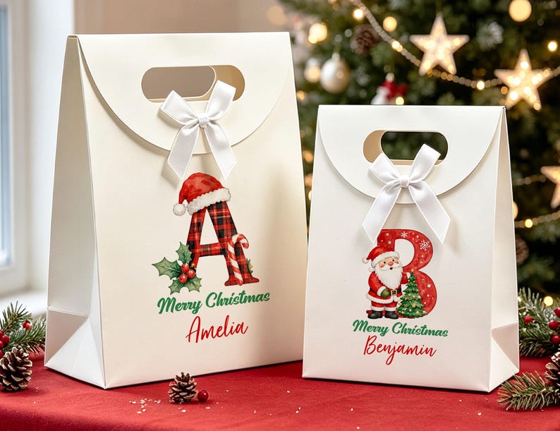 Personalized Merry Christmas Gift Bags, Custom Name Initials Gift Bags ...