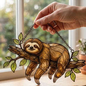 May include: A stained glass suncatcher featuring a brown sloth resting on a textured brown tree branch with light green leaves. The piece is suspended by a dark metal chain, showcasing intricate glass segments and dark leaded outlines.