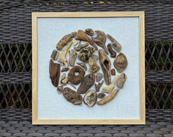 Large Driftwood Wall Art |17"x17"| Collage/Framed Hanging-Coastal Decor/Sculpture/Rustic/ Reclaimed Beach Art-3D Accent - Natural Wood Frame