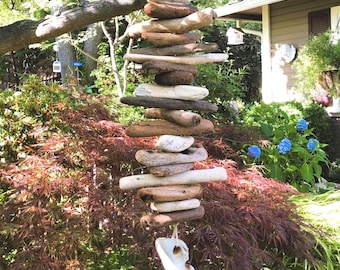 Rocky Start-Driftwood Mobile/Valhalla Ladder/Witches Ladder/Hanging Art/Large w/Adder Stone/Hag/Odin/Holey Rock/Indoor/Outdoor-26" long
