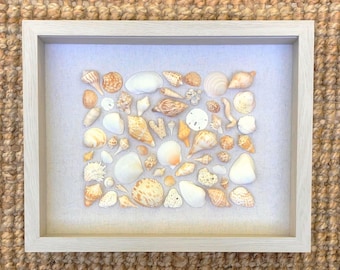 White/Beige/Golden Shell Mosaic-Collage | Framed Seashell Wall Art-Sanibel Island Shells-12"x15" Natural Beach/Coastal/Ocean Accent/Decor