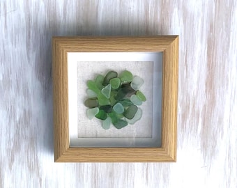 Mini Sea Glass Collage Art - Coastal/Beach Decor/Accent/Wall/Tabletop-Tiny Green & Blue Ocean Glass from No. CA Coast- 5'x5" Shadowbox Frame