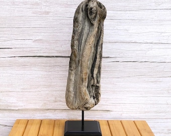 Beached Beauty - Tall Driftwood Sculpture-Natural on Black Wood Stand/Pedestal- Reclaimed/Coastal/Beach Home Decor/Accent/Art - 15" H x 4" W